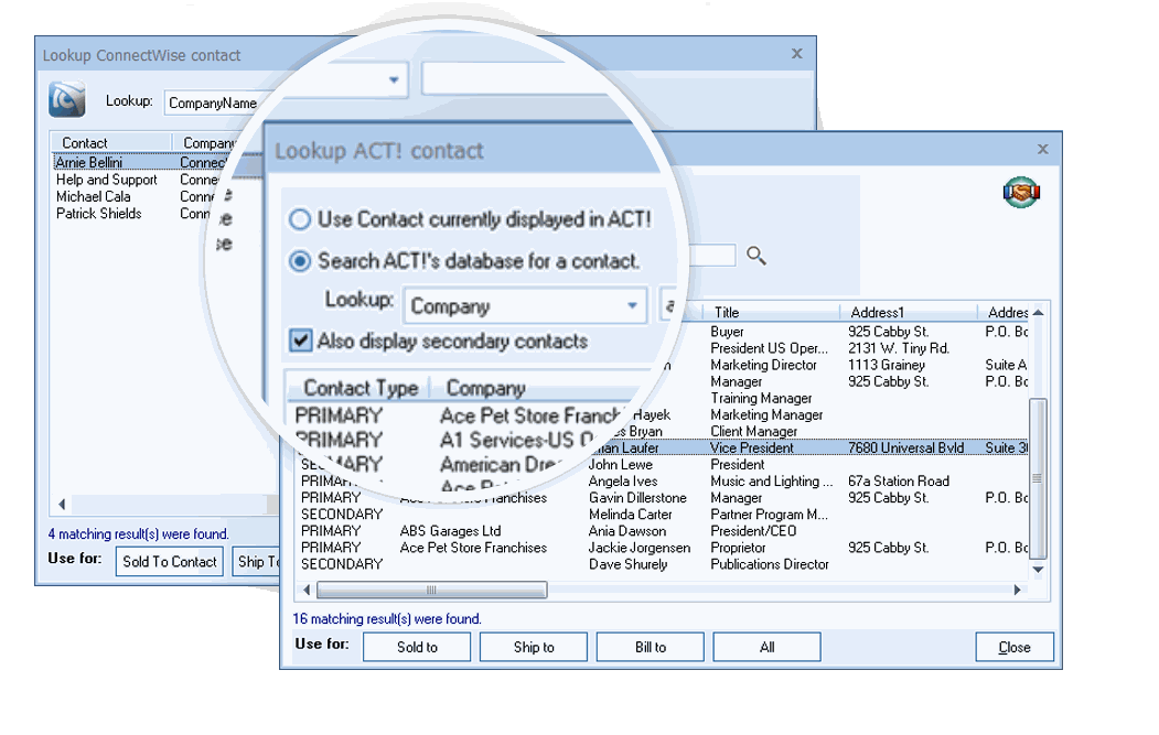 QuoteWerks Screenshot:  zoek een contact in uw CRM-systeem