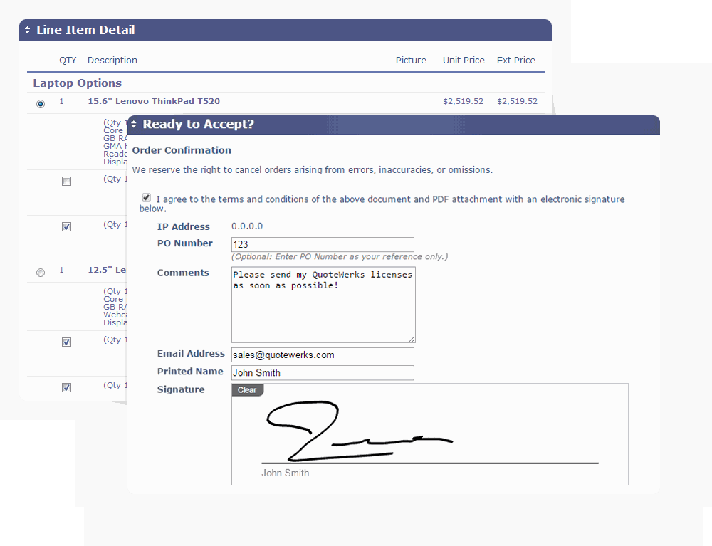 QuoteWerks Screenshot:  online ondertekenen van offerte