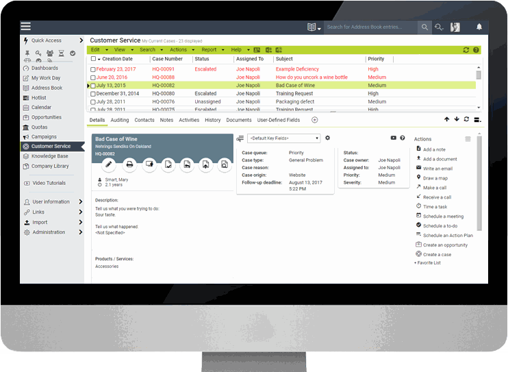 Maximizer screenshot van customer service module